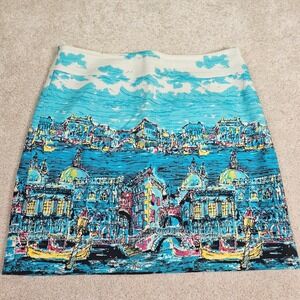 Talbots Venice Gondola Scenic Print Skirt Sz 12 Blue Cotton A-Line Travel Italy